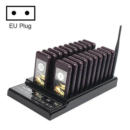 Restaurant Wireless Paging System with 20 Coaster Pagers showing keypad transmitter base and 20 numbered coaster pagers on charging dock (EU plug)