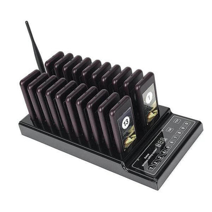 Restaurant Wireless Paging System with 20 Coaster Pagers showing keypad transmitter and 20 numbered coaster pagers in charging dock