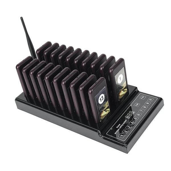 Restaurant Wireless Paging System with 20 Coaster Pagers showing keypad transmitter and 20 numbered coaster pagers in charging dock