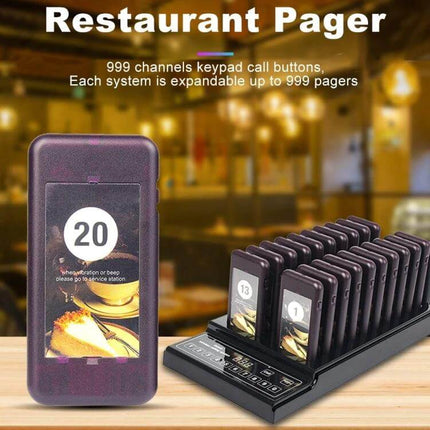 Restaurant Wireless Paging System with 20 Coaster Pagers showing keypad call button and 20 numbered coaster pagers on charging tray