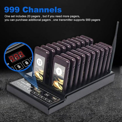 Restaurant Wireless Paging System with 20 Coaster Pagers - keypad transmitter and charging base holding 20 coaster pagers for restaurant customer notifications