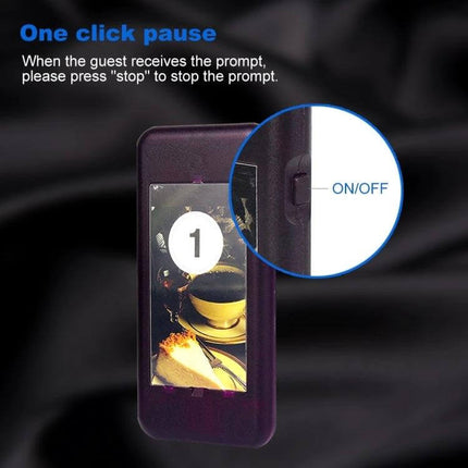 Restaurant Wireless Paging System with 20 Coaster Pagers - keypad call button and single coaster pager showing on/off button and one-click pause feature