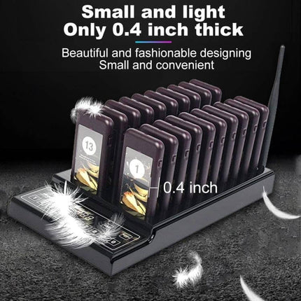Restaurant Wireless Paging System with 20 Coaster Pagers showing keypad transmitter and 20 slim coaster pagers neatly docked (0.4 inch thickness)