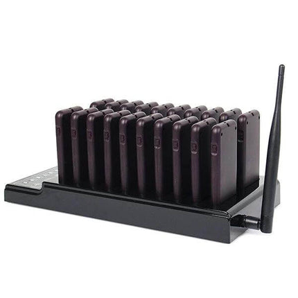 Restaurant Wireless Paging System with 20 Coaster Pagers shown on charging base with keypad and antenna for restaurant customer notifications