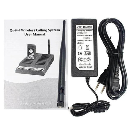 Restaurant Wireless Paging System with 20 Coaster Pagers - keypad, antenna, power adapter and user manual laid out