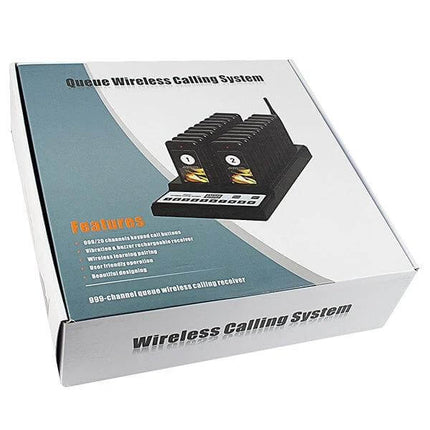 Restaurant Wireless Paging System with 20 Coaster Pagers box and keypad with stacked coaster pagers for restaurant customer notifications