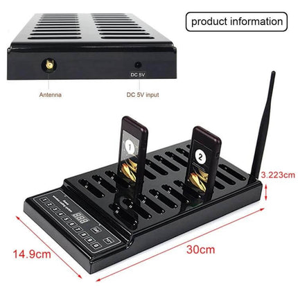 Restaurant Wireless Paging System with 20 Coaster Pagers - keypad transmitter base with antenna and two coaster pagers docked