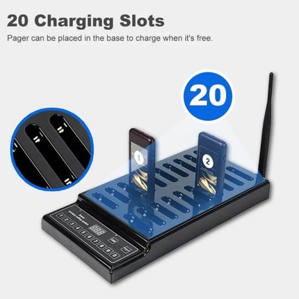 Restaurant Wireless Paging System with 20 Coaster Pagers charging base showing 20 charging slots with keypad call button