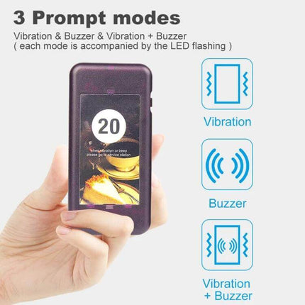 Restaurant Wireless Paging System with 20 Coaster Pagers showing handheld coaster pager with number 20 and icons for vibration, buzzer, and vibration+beeper modes