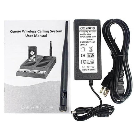 Restaurant Wireless Paging System with 20 Coaster Pagers and US Plug — user manual, antenna and US power adapter accessories