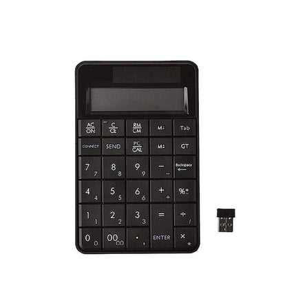 Compact Wireless Numeric Keyboard with Built-in Calculator for Everyday Computing showing 29-key black keypad and USB receiver for laptop data entry