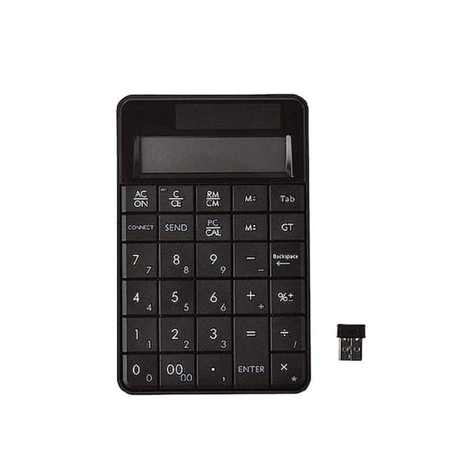 Compact Wireless Numeric Keyboard with Built-in Calculator for Everyday Computing showing 29-key black keypad and USB receiver for laptop data entry