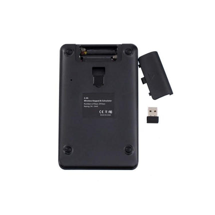 Compact Wireless Numeric Keyboard with Built-in Calculator for Everyday Computing rear view showing battery compartment and USB receiver
