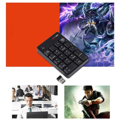 MC Saite Wireless Numeric Keypad with Built-in Calculator shown next to USB receiver, ideal for accountants and data entry on laptops