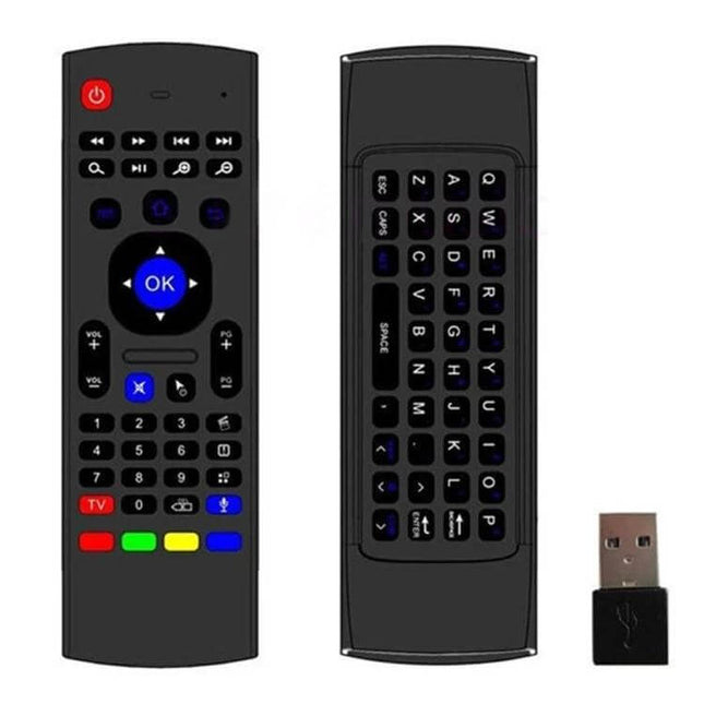 Wireless Air Mouse Remote with Keyboard and Microphone for TV Controllers shown front and back with USB receiver, backlit keys and multifunction buttons