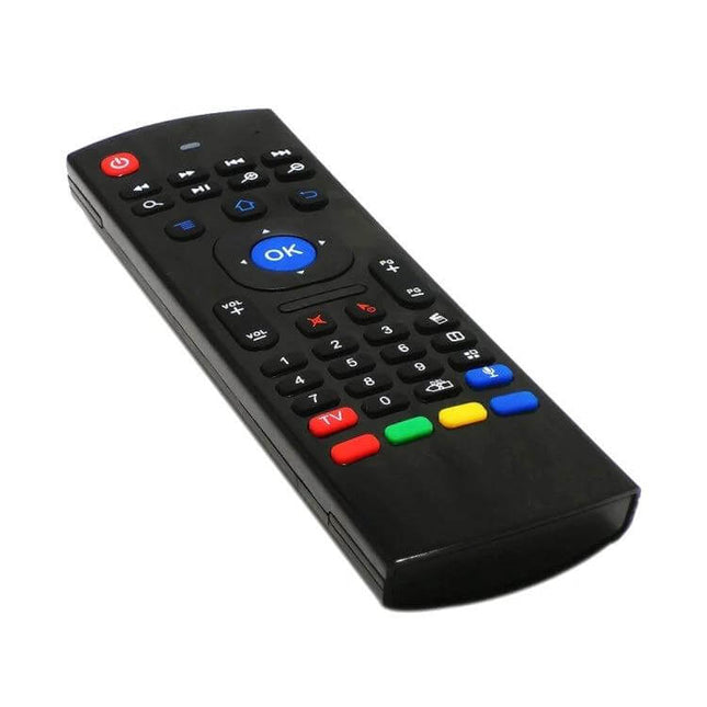 Wireless Air Mouse Remote with Keyboard and Microphone for TV Controllers - black ergonomic remote with numeric keys, colored buttons and OK navigation