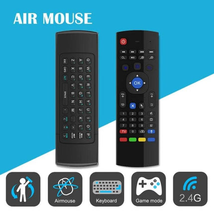 Wireless Air Mouse Remote with Keyboard and Microphone for TV Controllers showing front and back views with keypad and media buttons