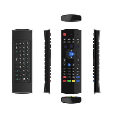 Wireless Air Mouse Remote with Keyboard and Microphone for TV Controllers shown front, back and side views in black with full QWERTY keyboard and media buttons