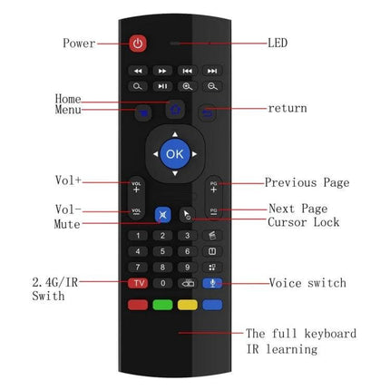Wireless Air Mouse Remote with Keyboard and Microphone for TV Controllers black labeled remote with buttons and full keyboard