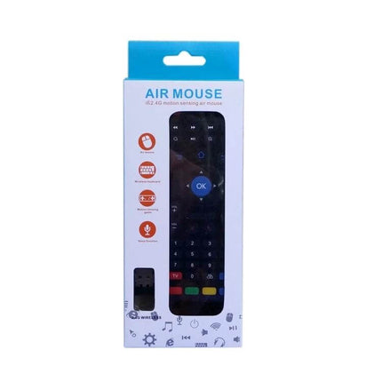 Wireless Air Mouse Remote with Keyboard and Microphone for TV Controllers in retail packaging, front view showing buttons and USB dongle