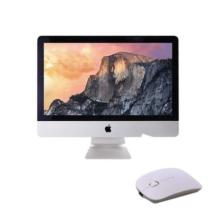 Bluetooth Wireless Mouse for Laptops and Android Devices shown next to an iMac to illustrate compact, travel-ready Bluetooth 3.0 wireless mouse