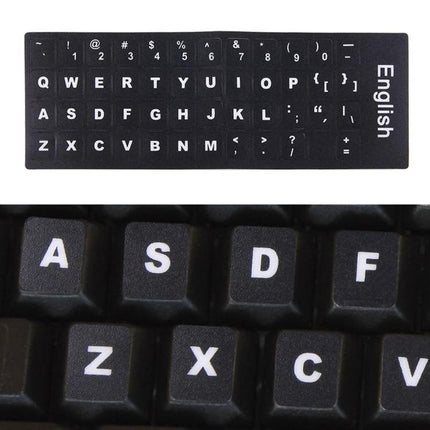 English Keyboard Stickers with White Letters for Laptops and Notebooks - black stickers showing white QWERTY letters for laptops