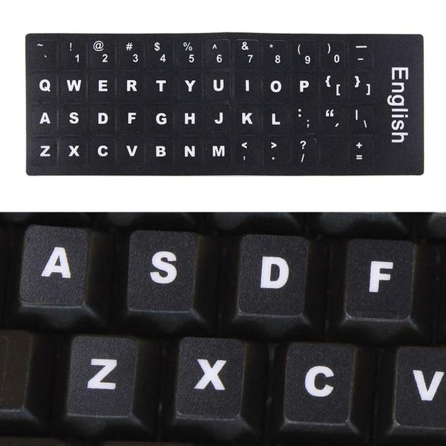 English Keyboard Stickers with White Letters for Laptops and Notebooks - black stickers showing white QWERTY letters for laptops
