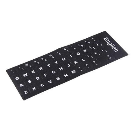 English Keyboard Stickers with White Letters for Laptops and Notebooks black sheet showing white English key labels