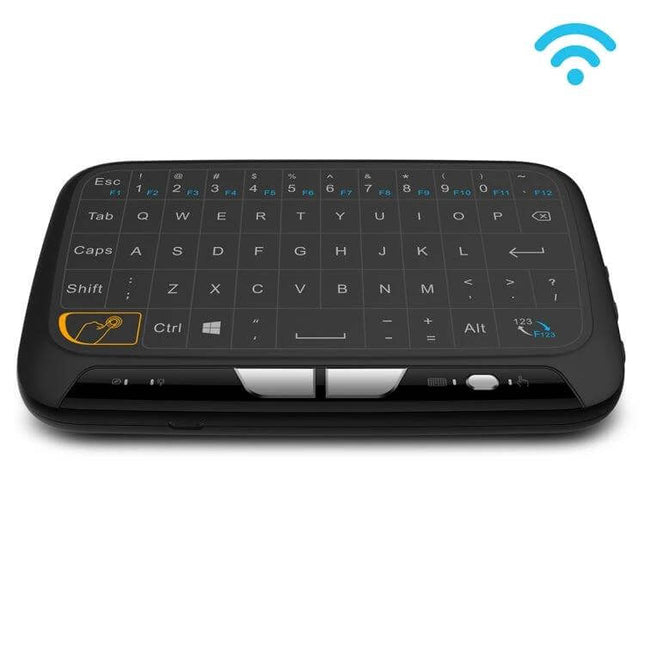 Compact Wireless QWERTY Keyboard with Touchpad for Smart TV and PC shown front view with touchpad and wireless icon