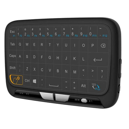 Compact Wireless QWERTY Keyboard with Touchpad for Smart TV and PC compact black wireless QWERTY keyboard with touchpad for smart TV and PC shown front
