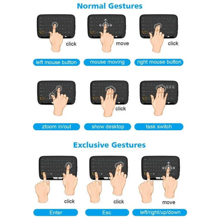 Compact Wireless QWERTY Keyboard with Touchpad for Smart TV and PC showing hands performing normal and exclusive touchpad gestures