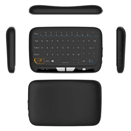 Compact Wireless QWERTY Keyboard with Touchpad for Smart TV and PC showing top, bottom and side views of a compact black wireless keyboard with integrated touchpad