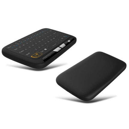 Compact Wireless QWERTY Keyboard with Touchpad for Smart TV and PC shown in compact black portable design with integrated touchpad and keys