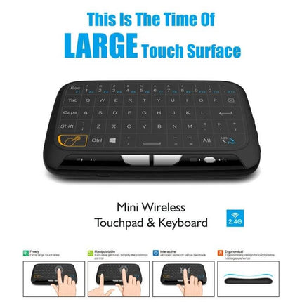 Compact Wireless QWERTY Keyboard with Touchpad for Smart TV and PC in compact black design with large touch surface for streaming and remote PC use