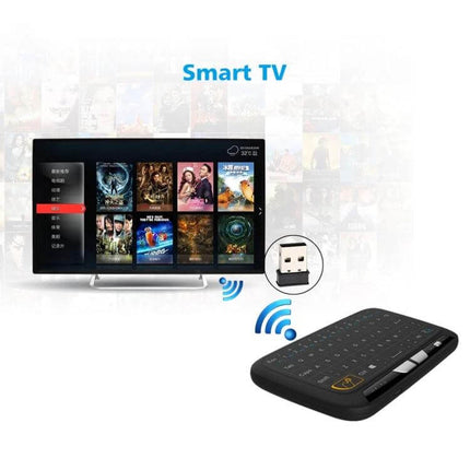 Compact Wireless QWERTY Keyboard with Touchpad for Smart TV and PC showing keyboard, USB receiver and Smart TV streaming interface