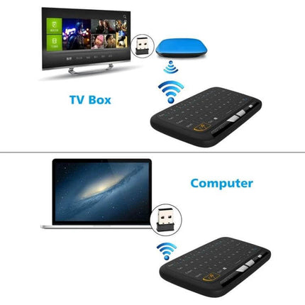 Compact Wireless QWERTY Keyboard with Touchpad for Smart TV and PC shown with TV box and laptop for wireless typing and navigation