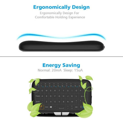 Compact Wireless QWERTY Keyboard with Touchpad for Smart TV and PC showing slim ergonomic profile and energy-saving wireless mini keyboard with touchpad