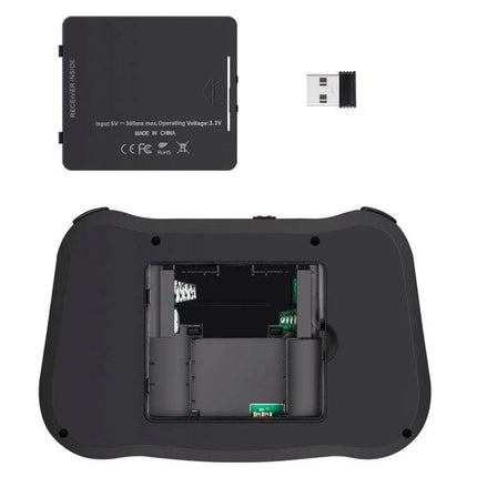 Mini Wireless Air Mouse with QWERTY Keyboard for TV and PC showing open battery compartment and USB receiver