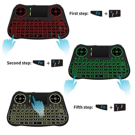 Mini Wireless Air Mouse with QWERTY Keyboard for TV and PC showing compact backlit keyboard, touchpad and hand gestures for setup and colorful modes