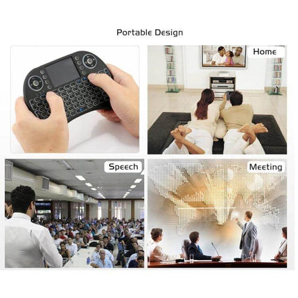 Wireless Mini QWERTY Keyboard with Touchpad for Smart Devices showing compact handheld QWERTY with touchpad used for home streaming and meetings