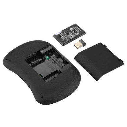 Wireless Mini QWERTY Keyboard with Touchpad for Smart Devices showing open back, battery and USB receiver