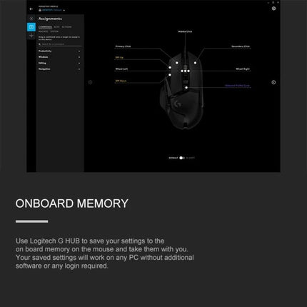 Logitech G502 HERO Wired Gaming Mouse with 11 Buttons showing button mapping and onboard memory in Logitech G HUB interface