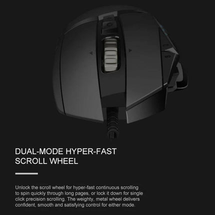 Logitech G502 HERO Wired Gaming Mouse with 11 Buttons shown top view highlighting hyper-fast scroll wheel and programmable side buttons