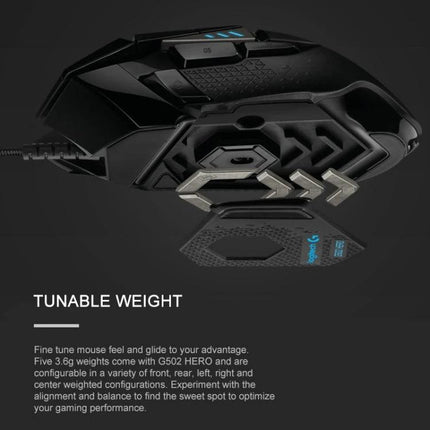 Logitech G502 HERO Wired Gaming Mouse with 11 Buttons showing tunable weights and underside view
