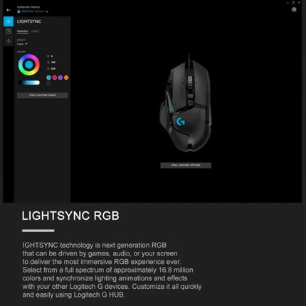 Logitech G502 HERO Wired Gaming Mouse with 11 Buttons showing RGB lighting in Logitech G HUB interface