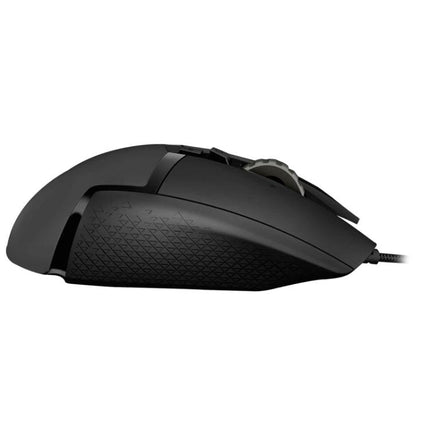 Logitech G502 HERO Wired Gaming Mouse with 11 Buttons black wired side view, textured grip and programmable buttons for precision gaming
