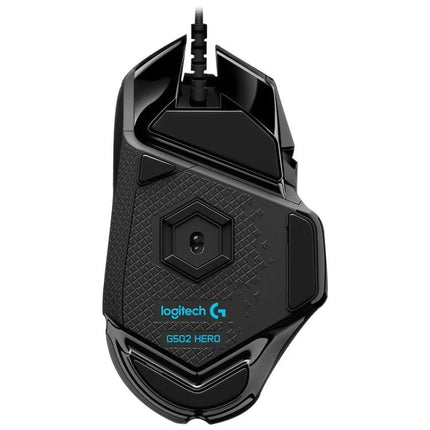 Logitech G502 HERO Wired Gaming Mouse with 11 Buttons - black top-down view showing textured grip and programmable buttons