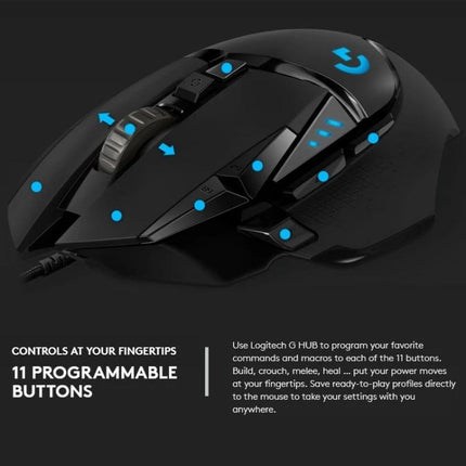 Logitech G502 HERO Wired Gaming Mouse with 11 Buttons black ergonomic wired mouse showing 11 programmable buttons and RGB logo