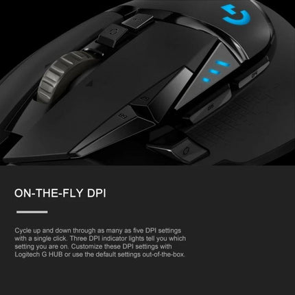 Logitech G502 HERO Wired Gaming Mouse with 11 Buttons black close-up showing programmable buttons, scroll wheel and on-the-fly DPI indicators
