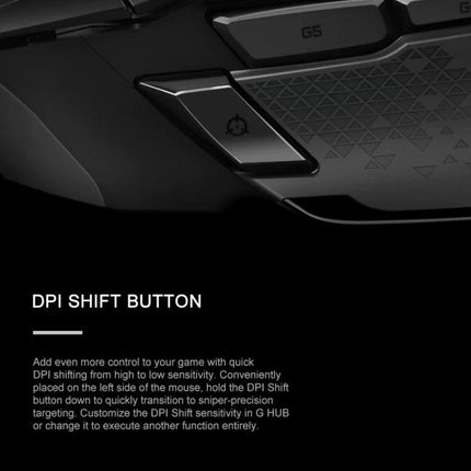 Logitech G502 HERO Wired Gaming Mouse with 11 Buttons showing left-side DPI Shift button and G5 programmable button